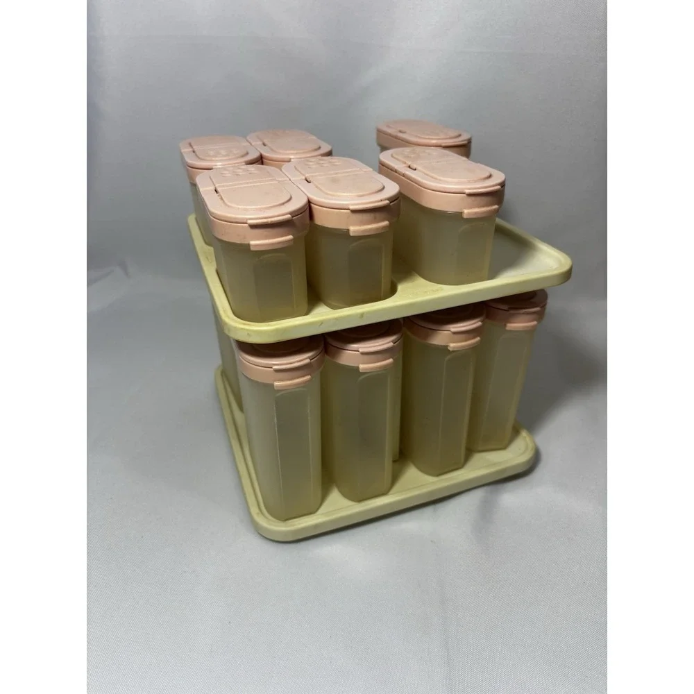 Lot Of 49 Vintage Tupperware Pink Spice Rack with Carousel, Cups, Cereal